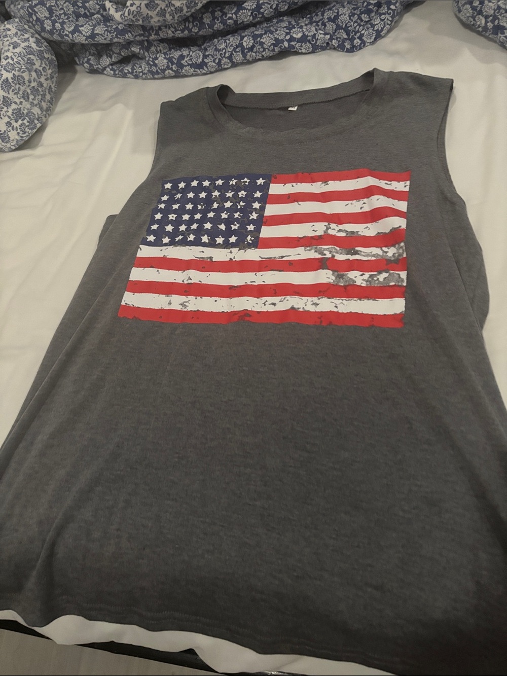 American Flag Sleeveless Tank Top Womens Medium Crewneck Gray Cotton Blend NEW